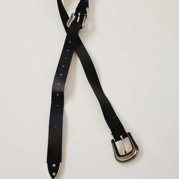 Western Embossed Metal Floral Scrolled Black Leather Double Buckle Belt main image 6